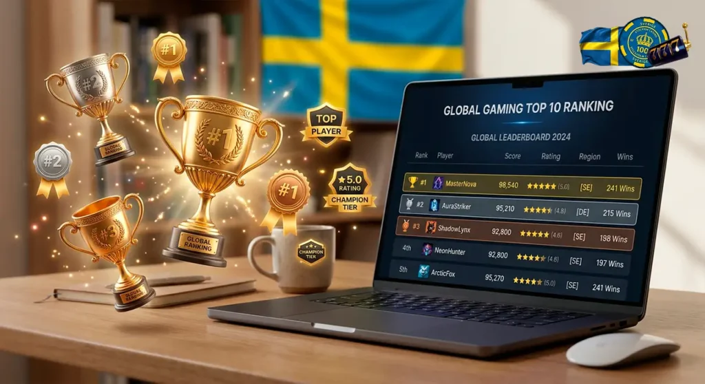 Top list of best casinos in Sweden featuring a gold trophy and current rating badges.