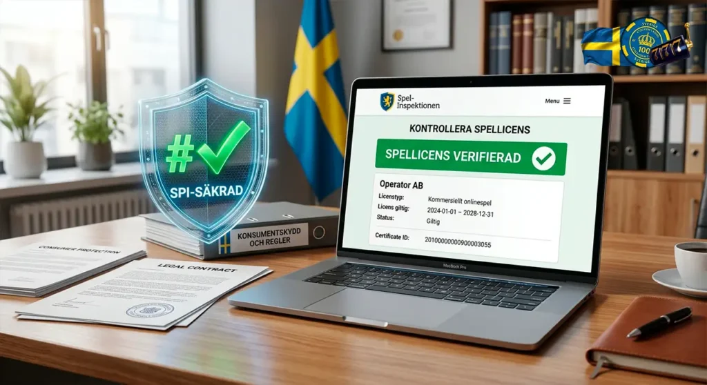 Spelinspektionen license sheet with a security shield guaranteeing safe gambling in Sweden.